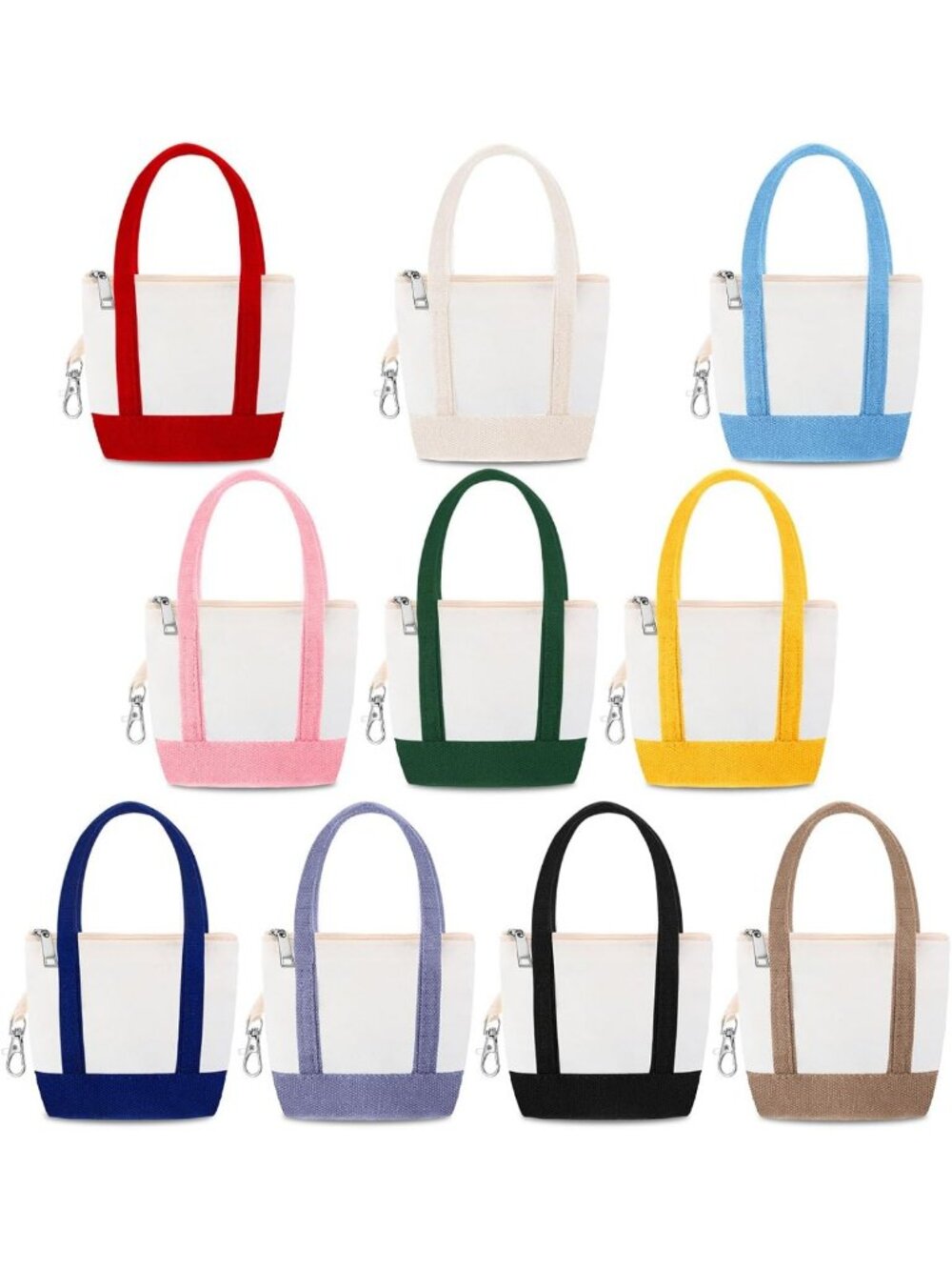 10pcs Mini Canvas Tote Bag Keychain Set - Zipper Pouch Charm for Women